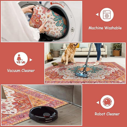 Moynesa Ultra-Thin Washable Runner Rug - Pink 2x4 Bedroom Bathroom Rug Runner Non-Slip Kitchen Rugs, Vintage Stain Resistance Low Pile Entryway Carpet Runner for Hallway Laundry Room