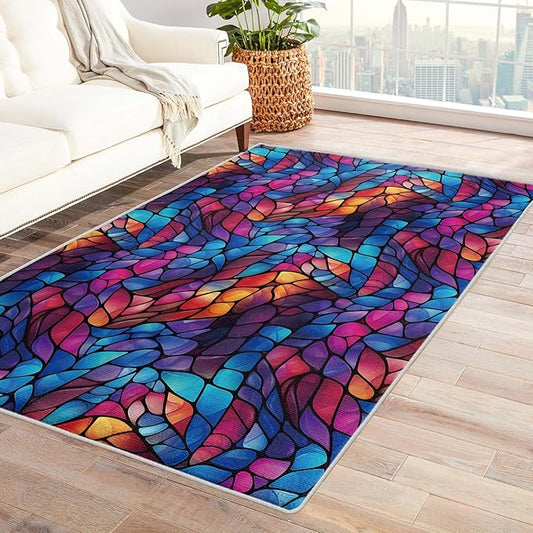 Abstract Rug, 7x9 Rug, Stained Glass Rugs for Living Room Bedroom, Modern Large Area Rug, Washable Rug Non Slip Soft Indoor Carpet, Kids and Pets Friendly, Abstract Home & Room Decor