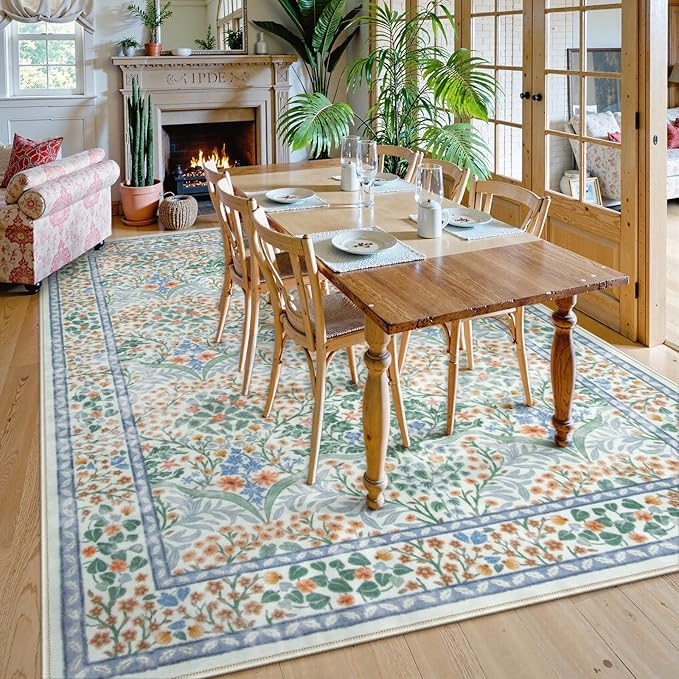 Lahome Floral Washable Rugs 8x10, Soft Green 8x10 Area Rugs for Living Room Bedroom, Boho Non-Slip Forest Stain Resistance Large Throw Carpet for Farmhouse Dining Room Office, Green