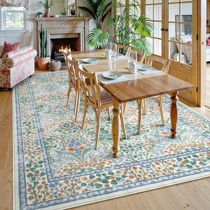 Lahome Floral Washable Rugs 8x10, Soft Green 8x10 Area Rugs for Living Room Bedroom, Boho Non-Slip Forest Stain Resistance Large Throw Carpet for Farmhouse Dining Room Office, Green
