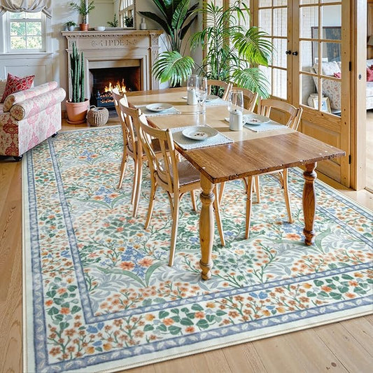 Lahome Floral Washable Rugs 8x10, Soft Green 8x10 Area Rugs for Living Room Bedroom, Boho Non-Slip Forest Stain Resistance Large Throw Carpet for Farmhouse Dining Room Office, Green