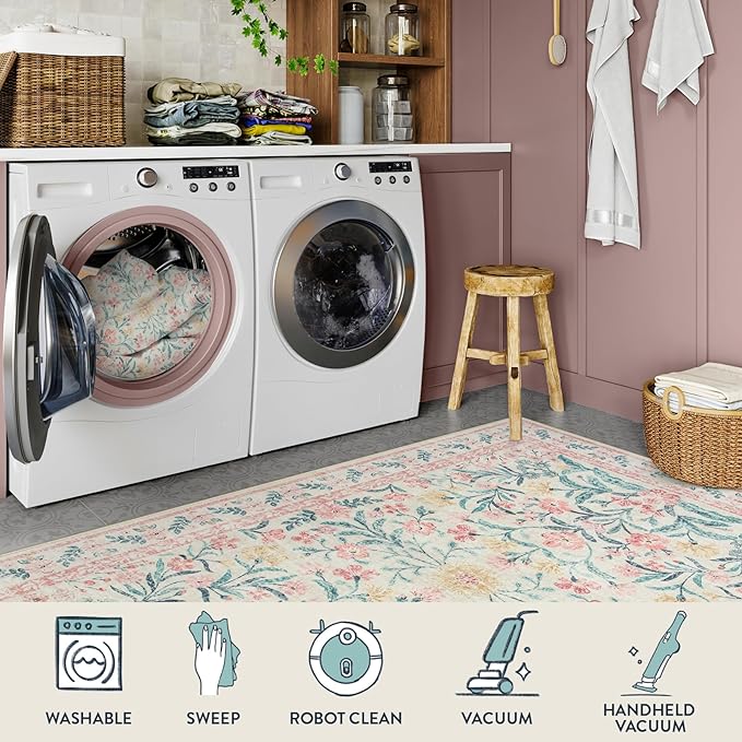 Lahome Pink Boho Rugs for Living Room 5x7, Washable Area Rugs for Bedroom Girls Decor Non Slip, Soft Floral Low-Pile Nursery Carpet for Kids Dining Room Indoor, Pink/Multi