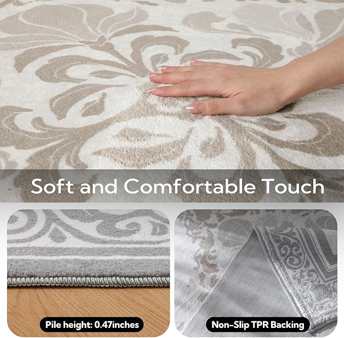 SOULFUL Medium Pile 8x10 Rugs for Living Room - Soft Foot Feel Large Area Rug - Light Taupe Boho Floral - Washable Non-Slip - Perfect for Bedroom Kids Room Under Dining Table Office