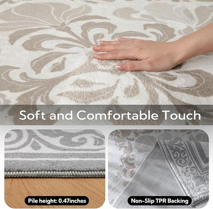 SOULFUL Medium Pile 4x6 Rugs for Living Room - Soft Foot Feel Area Rug - Light Taupe Boho Floral - Washable Non-Slip - Perfect for Bedroom Kids Room Under Dining Table Office