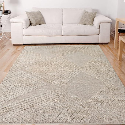 Antep Rugs Palafito 6x9 Geometric Shag Diamond High-Low Pile Textured Indoor Area Rug (Beige, 6'7" x 9')
