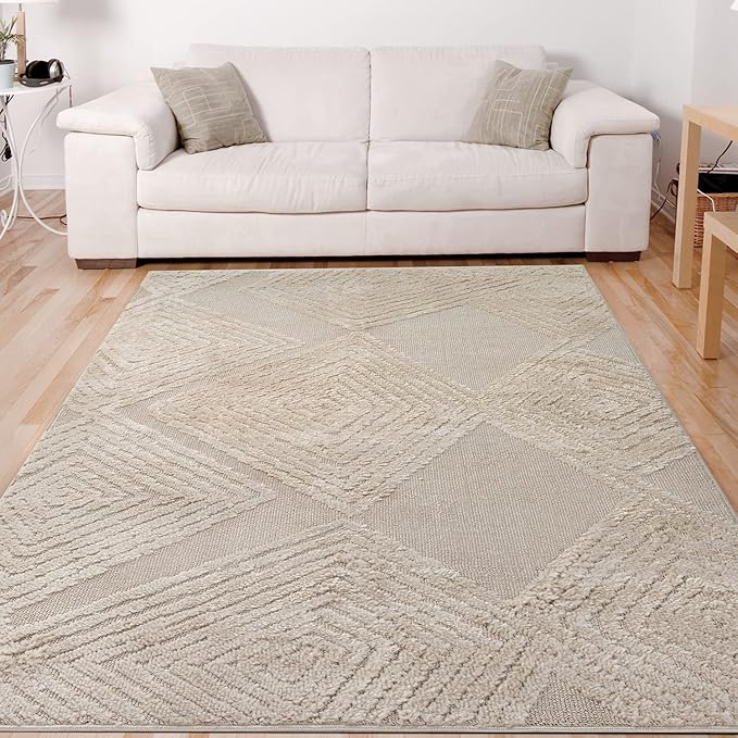 Antep Rugs Palafito 4x6 Geometric Shag Diamond High-Low Pile Textured Indoor Area Rug (Beige, 3'11" x 5'11")