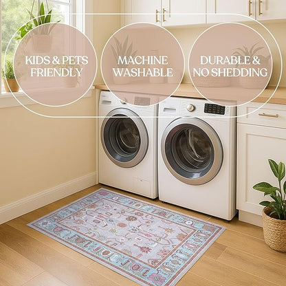 Fame Living Pink Oushak Rug, Modern Rugs, Vintage, Turkish, Eclectic, Floral, Pastel, Washable, Small Throw, Accent Area Rug for Living Room, Bedroom, Kitchen, Bathroom, 2'5"x4'9