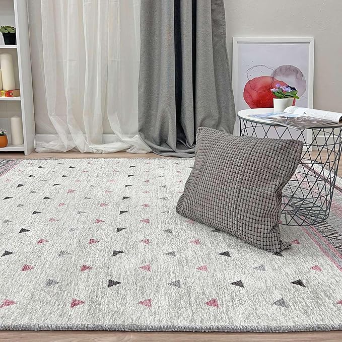 Alfa Rich 4x6 Mauve Gray Off White Washable Area Rugs for Living Room Bedroom Kitchen Decor Cotton