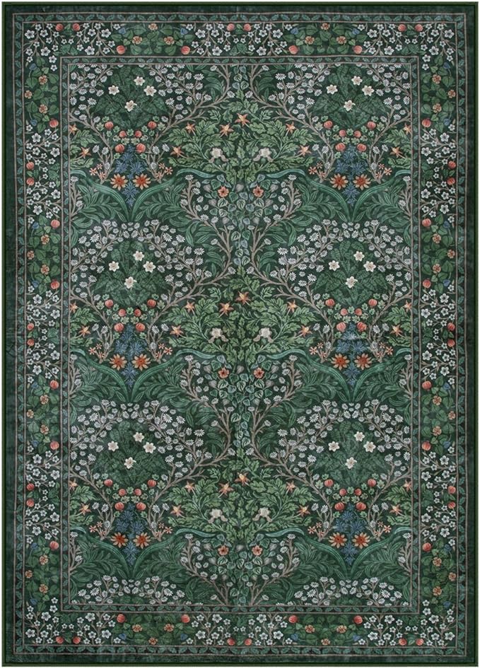 Lahome Floral Washable 6x9 Area Rugs, Soft Green Bedroom Rug for Living Room Ultra-Thin Non Slip Dining Room Rug, Stain Resistant Boho Easy Clean Throw Carpet for Office, Dark Green