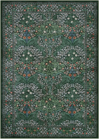 Lahome Floral Washable 6x9 Area Rugs, Soft Green Bedroom Rug for Living Room Ultra-Thin Non Slip Dining Room Rug, Stain Resistant Boho Easy Clean Throw Carpet for Office, Dark Green