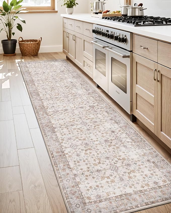 LUMI Washable Kitchen Rug, 23x59 Non-Slip Indoor Hallway Runner, Soft Low Pile Vintage Distressed Area Rugs for Laundry, Bedroom, Beige