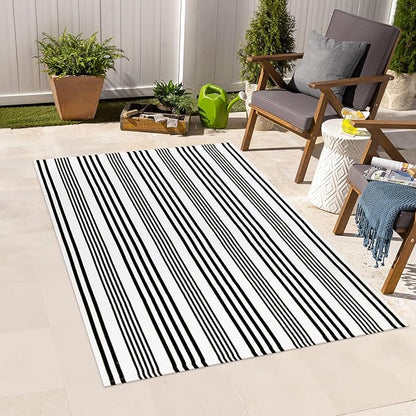 Outdoor Front Door Mat 3'x5', Black and White Cotton Hand Woven Striped Rug,Reversible Washable Front Porch Rug, Foldable Layered Doormat for Entryway/Home Entrance/Farmhouse