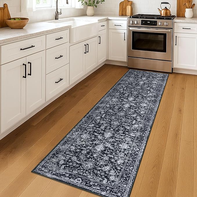 KILOCOCO Hallway Runner 2x7 Rug Runner Printed Vintage Floral Washable Kitchen Runners Non-slip Rubber Backed Runners for Hallways Distressed Thin Soft Rugs for Entryway Laundry Room, Black/Navy/White