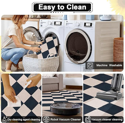 Black Checkered Rug 3x5 Indoor Washable Non-Slip Rug Modern Diamond Soft Low Pile Kitchen Rugs,Neutral Farmhouse Throw Carpet for Nursery Bathroom Room Dorm