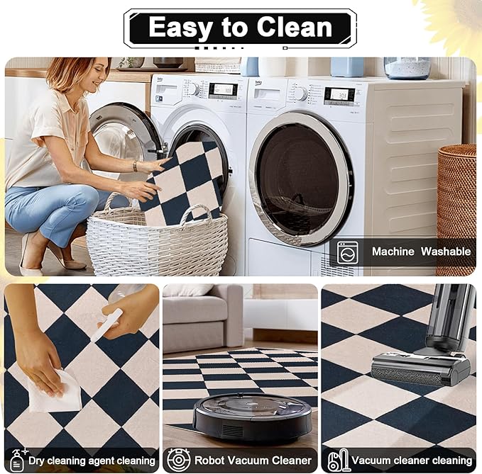 Checkered Area Rug 5x7 Black Washable Living Rugs Non-Slip Modern Ultra Soft Neutral Low Pile Diamond Carpet for Office Dining Room Playroom Kids Room