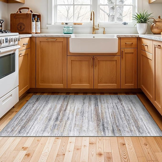 3x5 Area Rug Non-Slip: Washable Rugs for Hallway Entryway Kitchen Living Room Bedroom - Easy-to-Clean Stain and Water Resistant Carpet - Soft Low-Pile Throw Mat Beige Grey