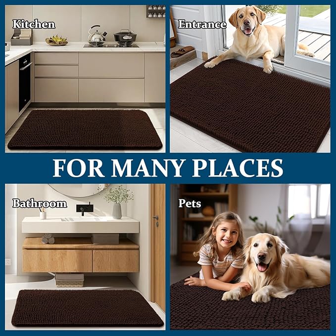 OLANLY Dog Door Mat for Muddy Paws 34x21, Absorbs Moisture and Dirt, Absorbent Non-Slip Washable Doormat, Quick Dry Chenille Mud Mat for Dogs, Entry Indoor Entryway Carpet for Inside Floor, Brown