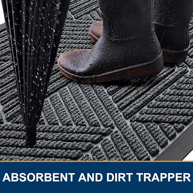 Kitinjoy Front Door Mat Outside Entrance, Sturdy Natural Dirt Trapper, Heavy Duty Rubber Doormat, Low Profile Non-Slip Backing, Easy Clean Floor Mat for Indoor Outdoor Entry, 47X23 Inch, Grey