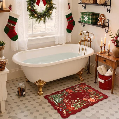 Lahome Floral Christmas Rug, 2x4 Washable Christmas Kitchen Rugs Indoor Ultra-Thin, Soft Christmas Rugs for Entryway Red Door Mat Holiday Rugs for Bathroom Bedroom, Red