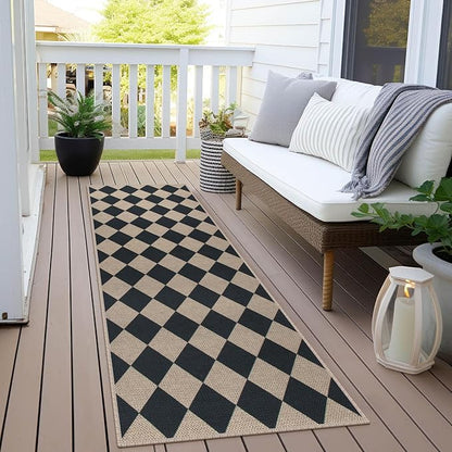 Easy Jute Checkered Runner Rug, 2x6 Black Modern Washable Rugs Runner for Hallway Non-Slip Long Kitchen Rug, Geometric Diamond Indoor Outdoor Carpet for Porch Laundry Entryway