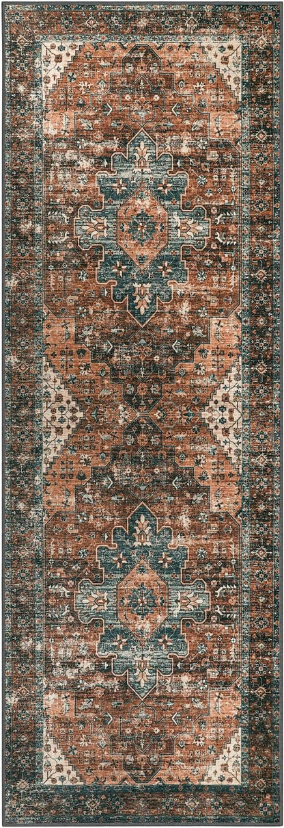 Moynesa Ultra-Thin Washable Runner Rug - 2x6 Non-Slip Non-Shedding Hallway Runner, Stain Resistant Kitchen Mat Laundry Entryway Carpet for Doorway Bedside, Brick Red/Dull Teal