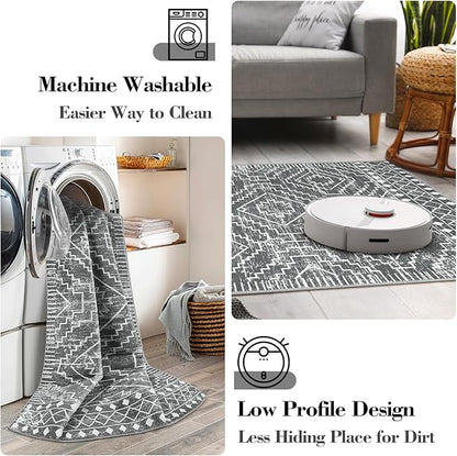 Wonnitar Moroccan 5x7 Washable Rug, Large Grey Area Rug for Living Room, Non-Slip Boho Bedroom Carpet Thin Soft Non-Shedding Farmhouse Rug for Dining Room Table Kitchen Home Office (Dark Grey,5'x7')