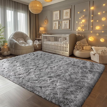 Zentavio Grey and White Area Rugs for Living Room Large Men Room Carpet 6x9 Bedroom Fluffy Furry Shag Aesthetic Plush High Pile Floor Rug for Kids Room Dorm Home Decor Tie-Dyed Grey White