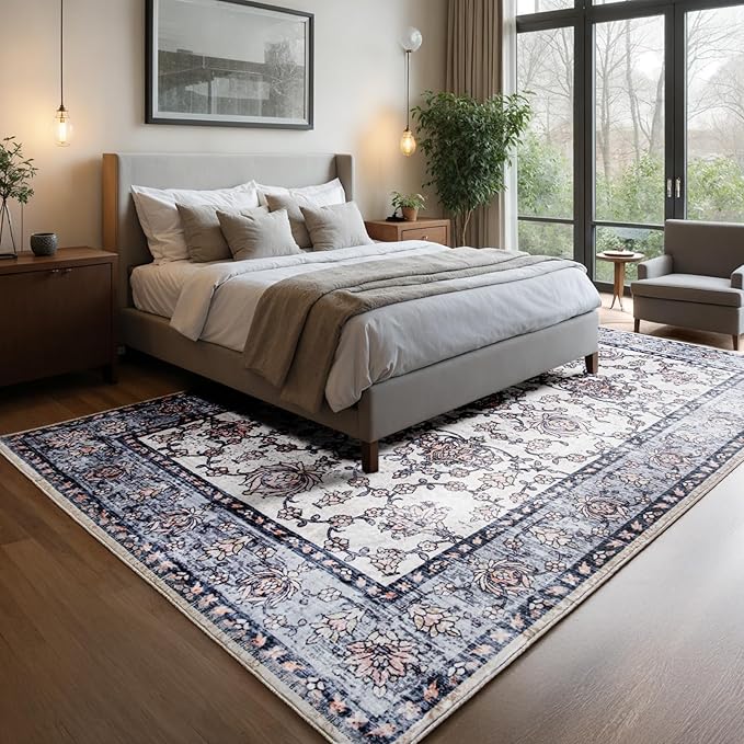 4x6 Washable Area Rug – Dusty Lavender & Gray Vintage Carpet with Charcoal Border, Watercolor Floral and Foliage Pattern, Boho Chic Non-Slip Indoor Rug for Bedroom, Living Room, Dining Room, Entryway