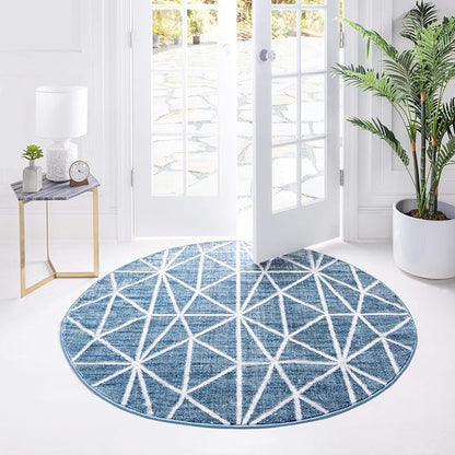 Rugs.com Lattice Trellis Collection Rug – 3 Ft Round Blue Low-Pile Rug Perfect for Kitchens, Dining Rooms
