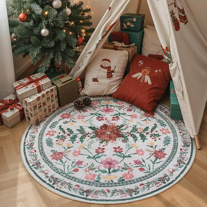 Wonnitar Christmas Decorations for Bedroom, Round Christmas Rug for Entryway Indoor, 4ft Washable Circle Rug Holiday Decor Non Slip Small Round Carpet for Living Room Kids Room Bathroom Xmas Tree