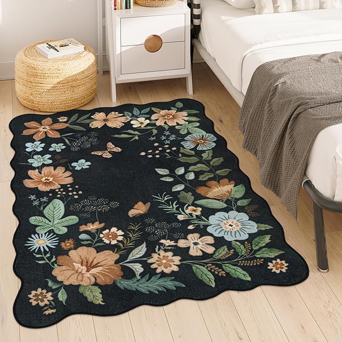 Lahome Floral Washable Rugs for Bedroom, 4X6 Living Room Rug Ultra-Thin, Non-Slip Soft Stain Resistant Boho Throw Carpet for ‎Office Entryway Dining Room (4x6ft,Black/Grey)