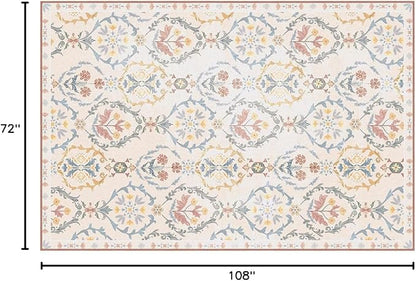 Phantoscope Washable Area Rug 6'x9' Non-Slip, Vintage Floral Boho Rugs for Living Room, Bedroom, DiningRoom, Soft Botanical Moroccan Pattern, Low-Pile Foldable Floor Carpet, Ivory Pink/Boho Garden