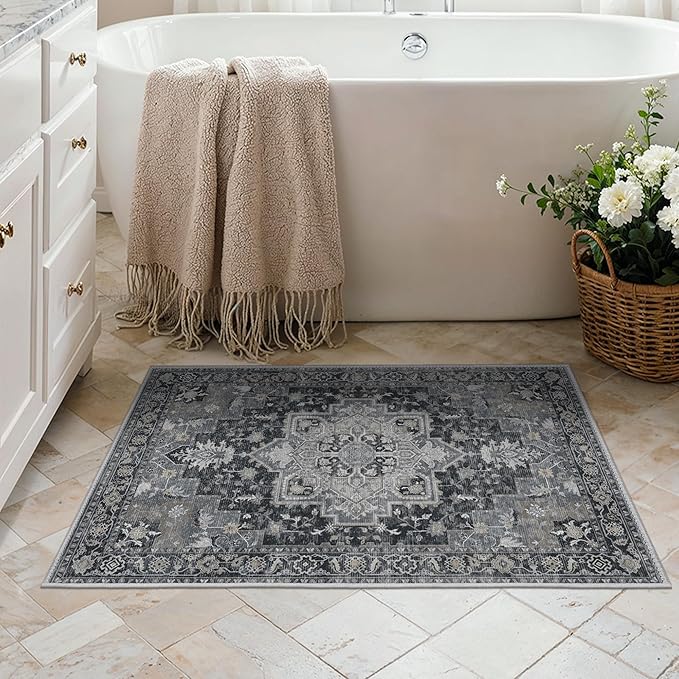 Area Rug 2x3 Doormat, Machine Washable Low Pile Rugs, Small Retro Entryway Mat for Entrance, Hallway, Kitchen and Corridor, Dark Gray