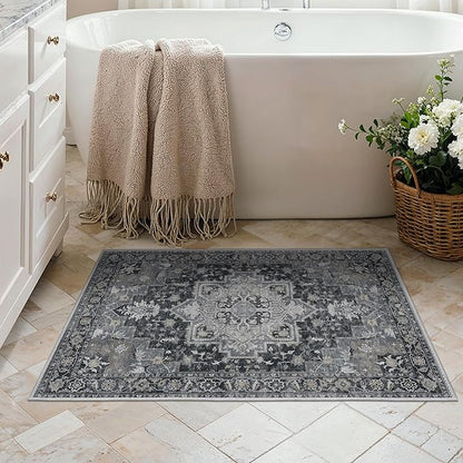 Area Rug 2x3 Doormat, Machine Washable Low Pile Rugs, Small Retro Entryway Mat for Entrance, Hallway, Kitchen and Corridor, Dark Gray