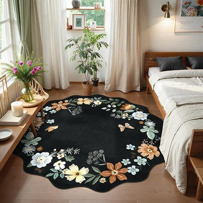 Lahome Floral Washable Round Rugs, Non-Slip Soft Round Rug 4ft Ultra-Thin, Small Boho Circle Carpet for Entryway Kitchen Bedroom Nursery Bathroom, Black/Grey