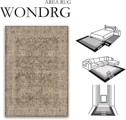 8x10 Rust Brown Washable Area Rug for Living Room Bedroom Neutral Soft Non Slip Rug Low Pile Vintage Distressed Carpet for Dining Room Nursery Office