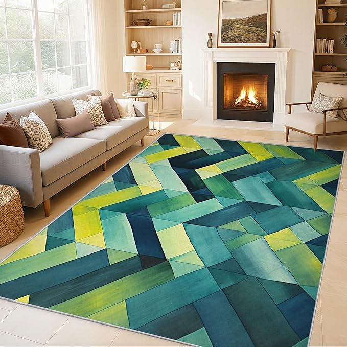 5x6 Geometric Zigzag Rugs for Bedroom Decor, Washable Green Chevron Pattern Area Rug, Living Room Home Decoration, Non Slip Soft Thin, Modern Abstract Geometry Decor Carpet PF-P 49