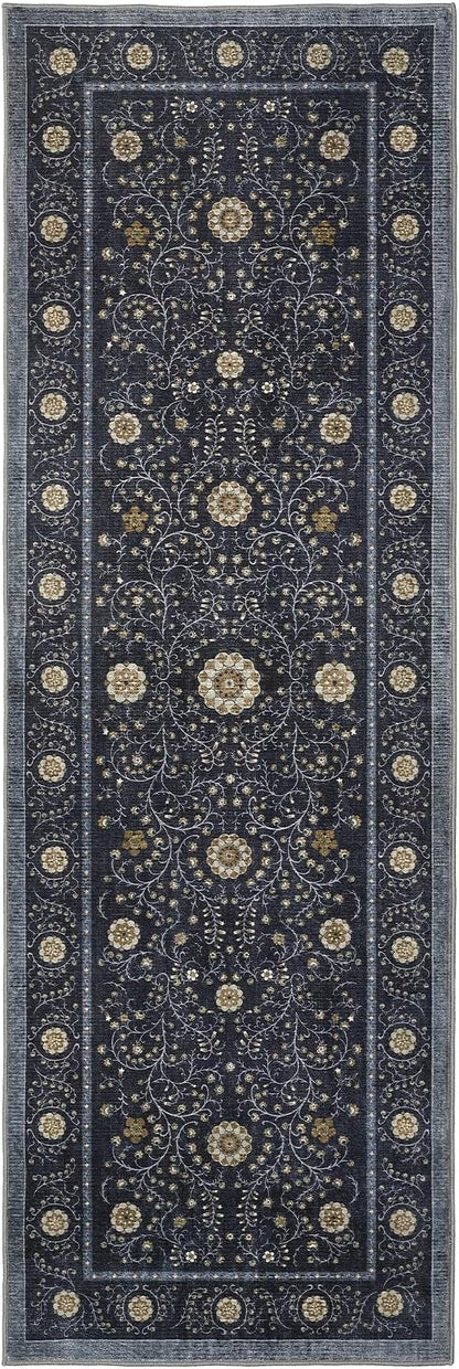 GarveeHome Boho 2x6 Runner Rug for Hallways Non Slip, Vintage Botanical Kitchen Rugs Washable Area Rug for Entryway Stain Resistant, Low Pile Soft Runner Blue Carpet for Bedroom Floor Laundry Room