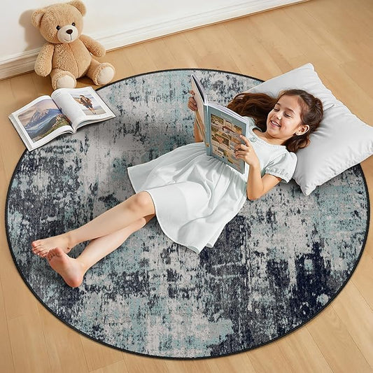 Washable Area Rugs 4ft Non-Slip Modern Abstract Soft for Living Room Entryway Bedroom Nursery, Print Pattern, Blue Black Teal