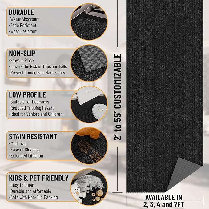 Ottomanson 3'11" x 17' Hallway Runner with Scraper Pile - Extra Durable Non-Slip Rug Mat for Indoor & Outdoor Use - Ideal for Kitchen, Entryway & Garage - High-Traffic Carpet, Black