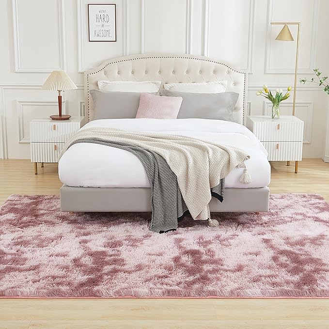 Andency Soft Area Rugs for Living Room Bedroom, 3x5 Non-Slip Fluffy Shag Carpet, Indoor Floor Fuzzy Shaggy Living Room Plush Rug for Kids Dorm Nursery Home Decor Aesthetic, Tie-Dyed Dusty Pink