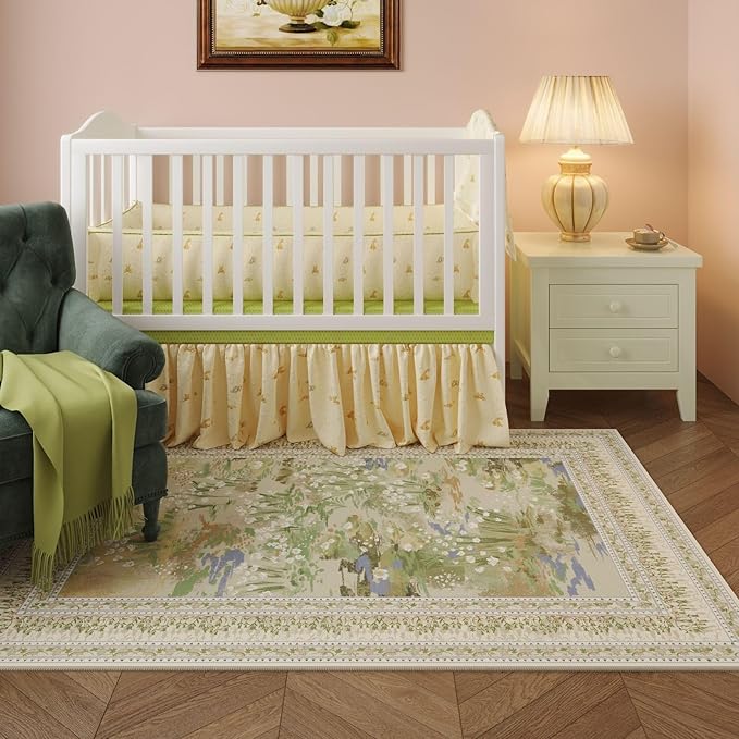 Rugcomf Area Rugs 8x10 Clearance Impressionist-Style Vintage Washable Area Rug Non Slip Low Pile Large Rug for Bedroom Farmhouse Dining Room Kids Playroom, Beige