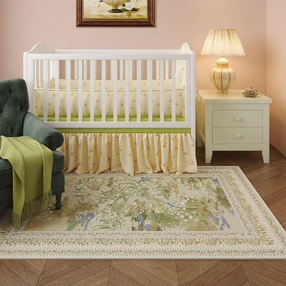 Rugcomf Area Rugs 9x12 Living Room Clearance Impressionist-Style Vintage Washable Rug Non Slip Low Pile Large Rug for Bedroom Farmhouse Dining Room Kids Playroom, Beige