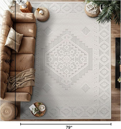 Modern Micro Loop Indoor Area Rugs for Living Room Bedroom Kitchen Geometric Trellis White 6x9 Luxury Durable Low and High Pile Non-Shedding Stain Resistant Soft Area Carpet 6 x 9