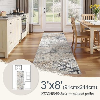 Washable Runner Rug for Hallway: 3x8 Neutral Modern Abstract Low Pile Area Rug with Non-Slip Backing - Carpet for Bedroom Kitchen Laundry Entryway Bathroom Indoor - Beige Blue