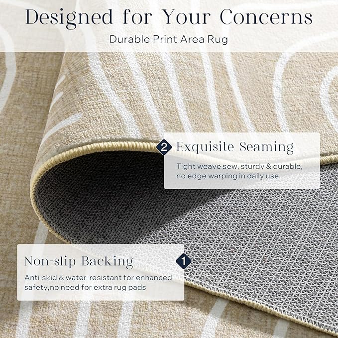 Phantoscope Washable Area Rug 5'x7' Non-Slip, Modern Neutral Boho Rugs for Living Room, Bedroom, Dining Room, Abstract Hand-Drawn Wavy Line Pattern, Low-Pile Foldable Floor Carpet, Beige/Ivory