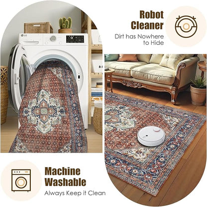 Washable Area Rug 8' x 10' Vintage Traditional Persian Mat - Foldable Distressed Non-Slip Machine Washable Carpet for Living Room Bedroom Kitchen Home Decor - Terracotta and Navy