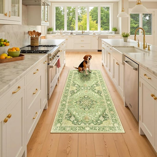 Area Rugs 2'x6' Washable Non-Slip, Floral Vintage Distress Print Pattern Medallion Carpet for Living Room Bedroom Dining Room, Sage Green Yellow