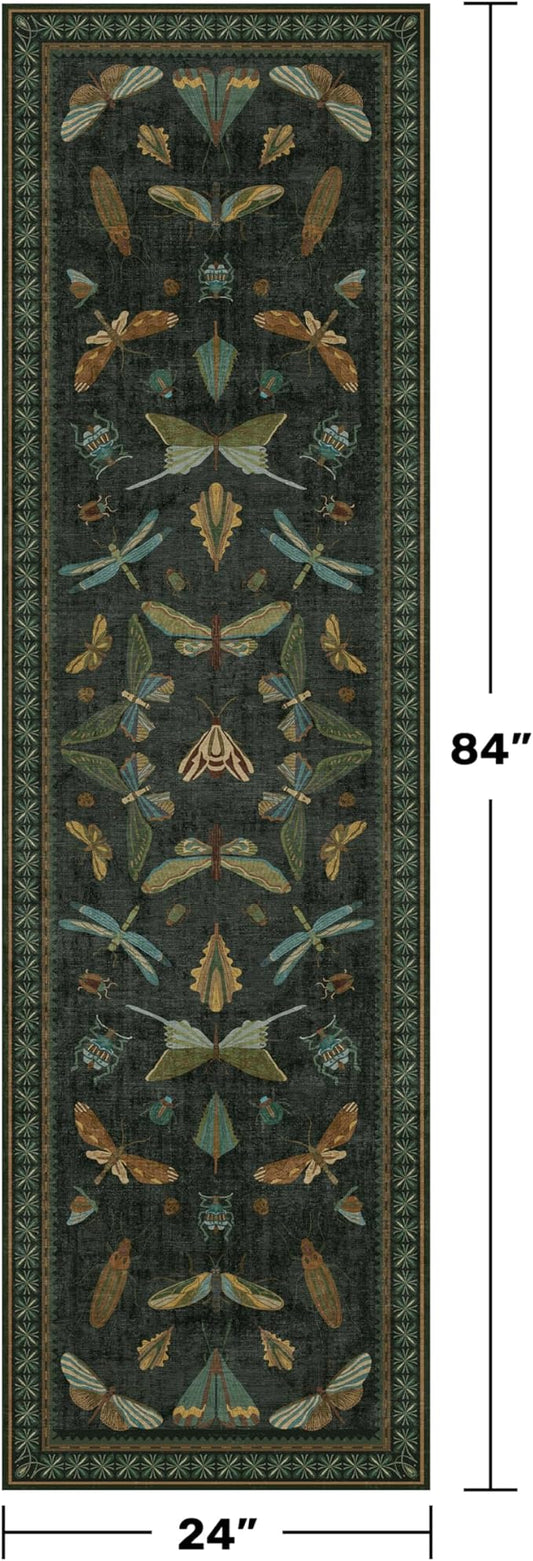 Insect 2x7 Stain Resistant Kitchen Runner Rugs, Vintage Bathroon Rug Non Skid, Low Pile & Soft Non Slip with Rubber Backed, Dark Green Boho Room Decor for Bedroom