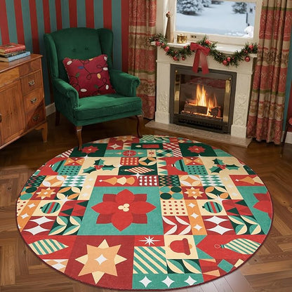 jinchan Round Christmas Rug 6ft for Living Room Washable Circle Christmas Dining Room Rug 6' Round Xmas Geometric Non-Slip Soft Carpet Festive Red-Green Holiday Patch Decor for Bedroom Porch Foyer